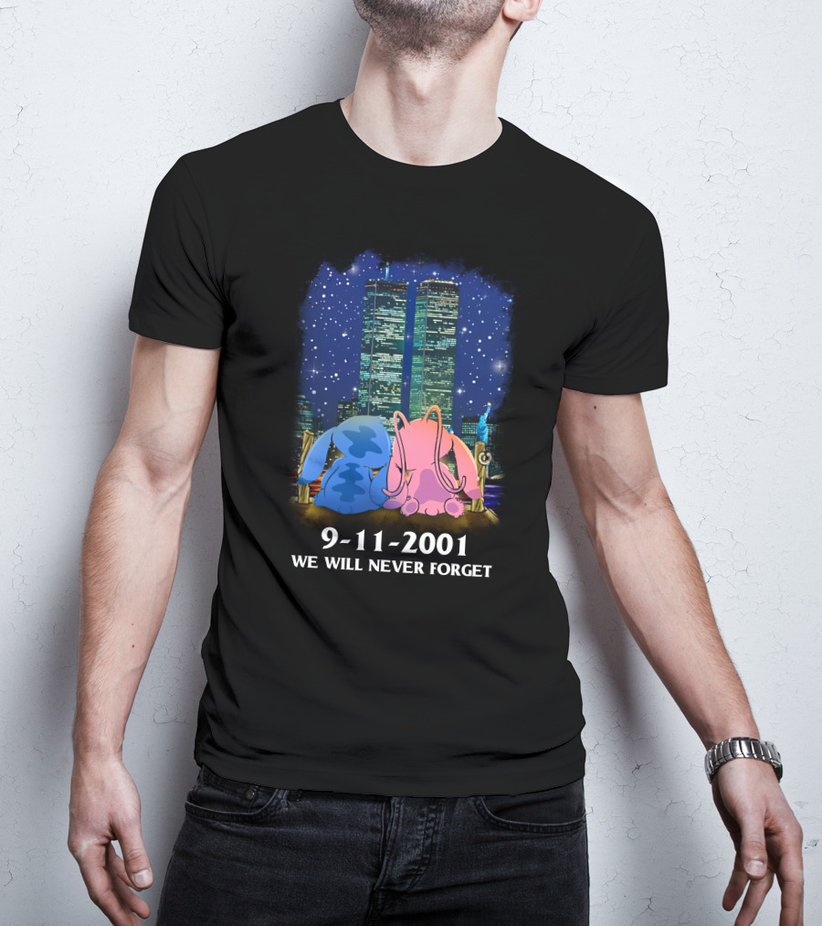 Stitch & Angel-D 9-11-2001 We Will Never Forget Memorial Twins T-Shirt