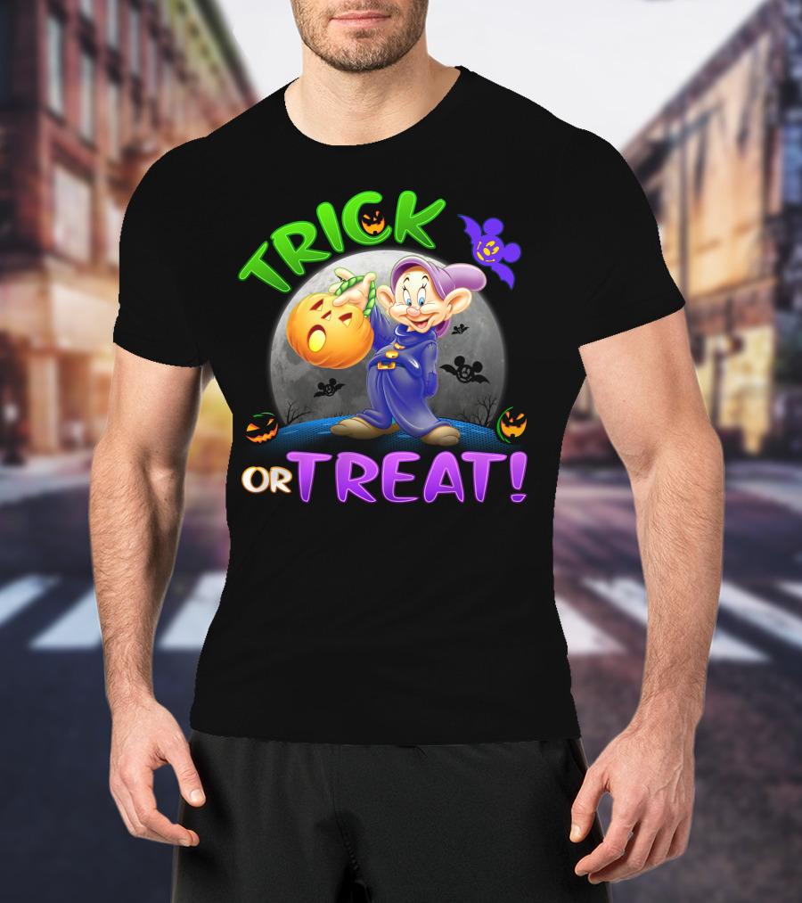 Trick Or Treat Dopey Halloween Disney Character With Pumpkin And Bat T-Shirt