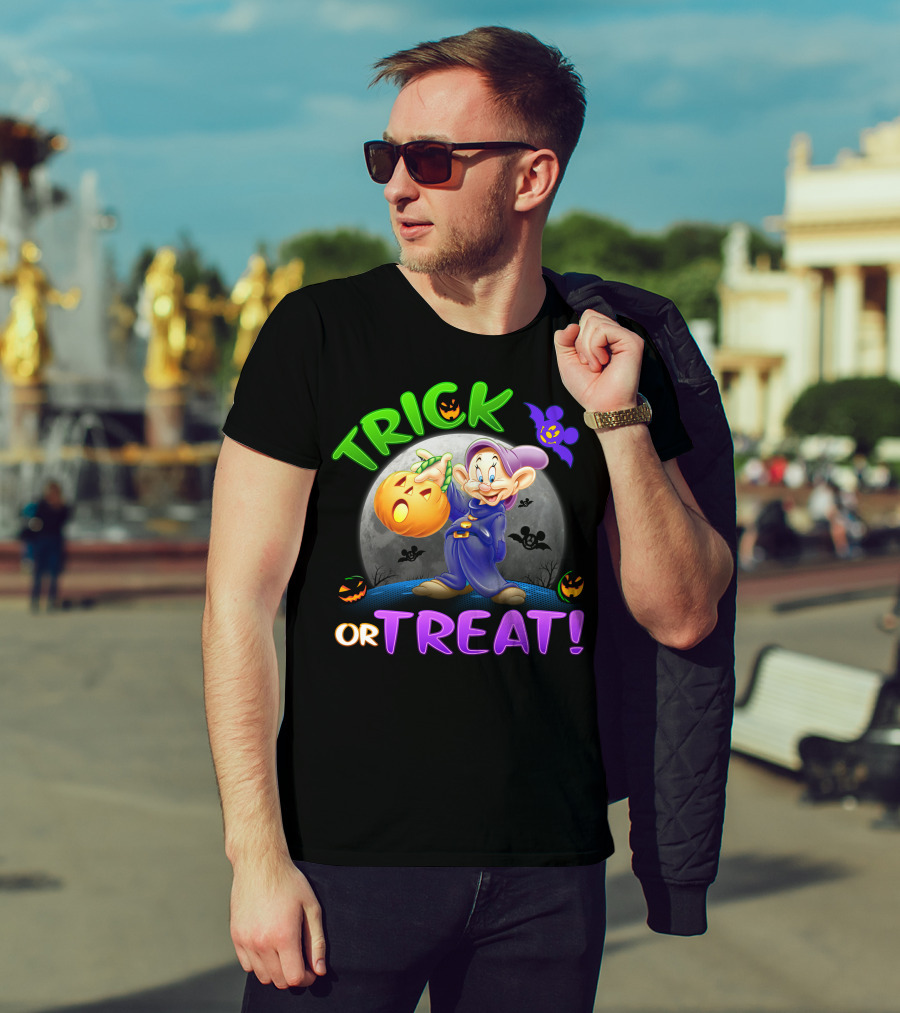Trick Or Treat Dopey Halloween Disney Character With Pumpkin And Bat T-Shirt