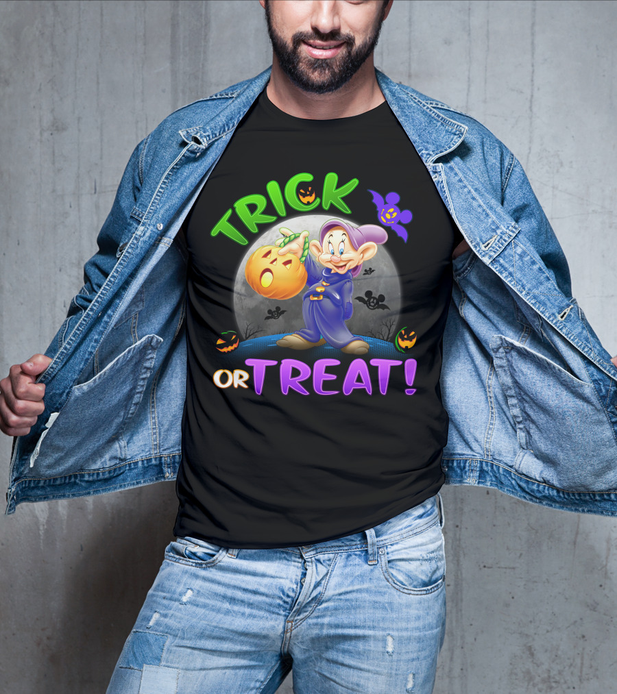 Trick Or Treat Dopey Halloween Disney Character With Pumpkin And Bat T-Shirt