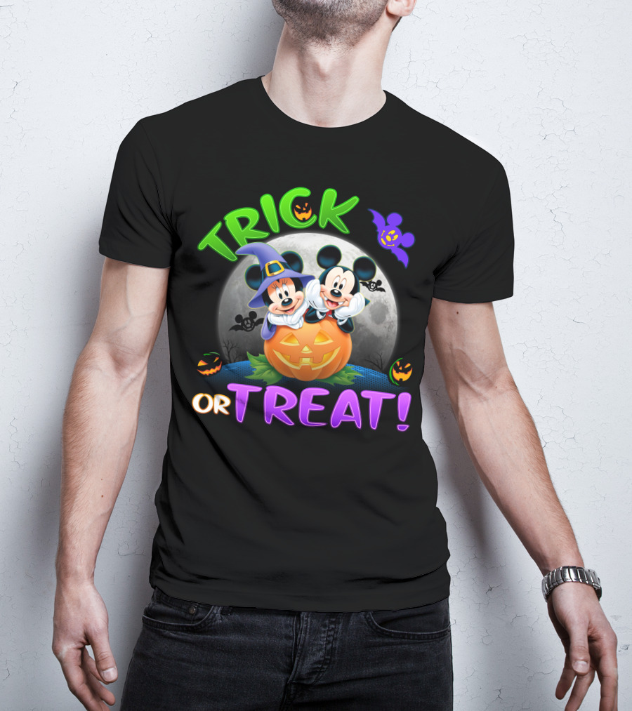 Trick Or Treat Mickey And Minnie Halloween Jack-O'-Lantern Moon T-Shirt