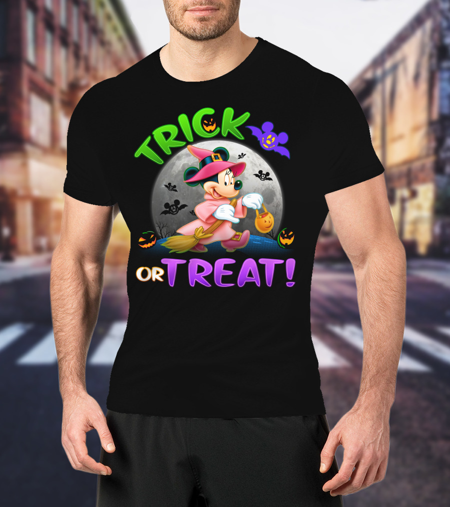 Trick Or Treat Minnie Halloween Witch Costume Broom Moon Bats Pumpkins T-Shirt