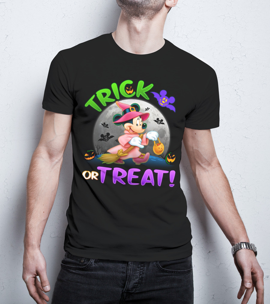 Trick Or Treat Minnie Halloween Witch Costume Broom Moon Bats Pumpkins T-Shirt