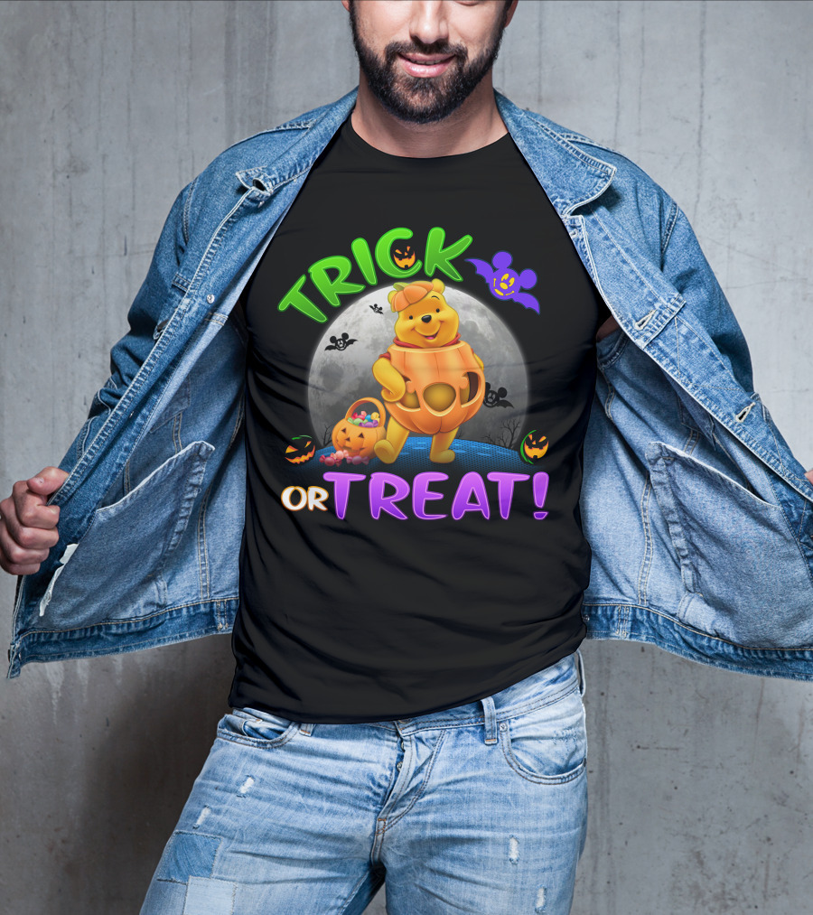 Trick Or Treat Pooh Halloween Moon Bats And Pumpkins T-Shirt