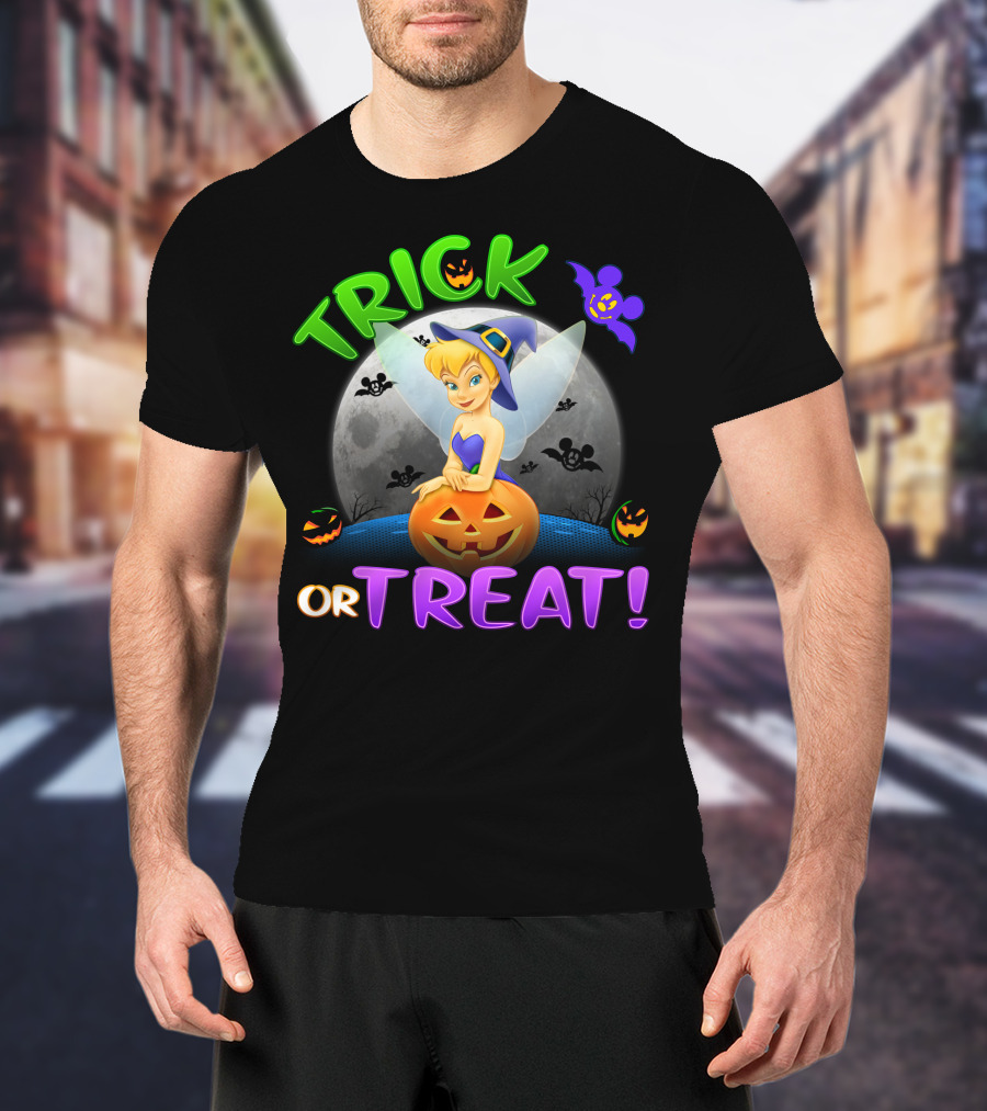 Trick Or Treat Tinker Bell Halloween Jack-O'-Lantern Moon Bat Mickey Ears T-Shirt
