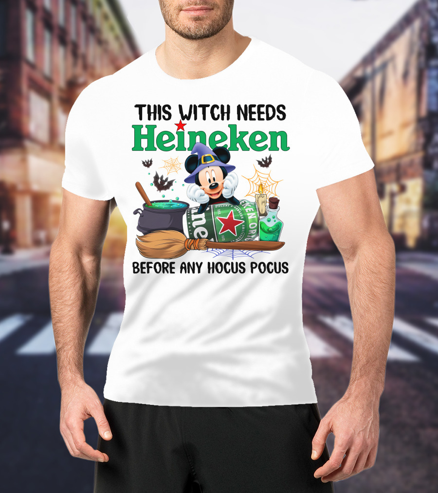 This Witch Needs Heineken With Cartoon Mouse In Wizard Hat Before Any Hocus Pocus T-Shirt