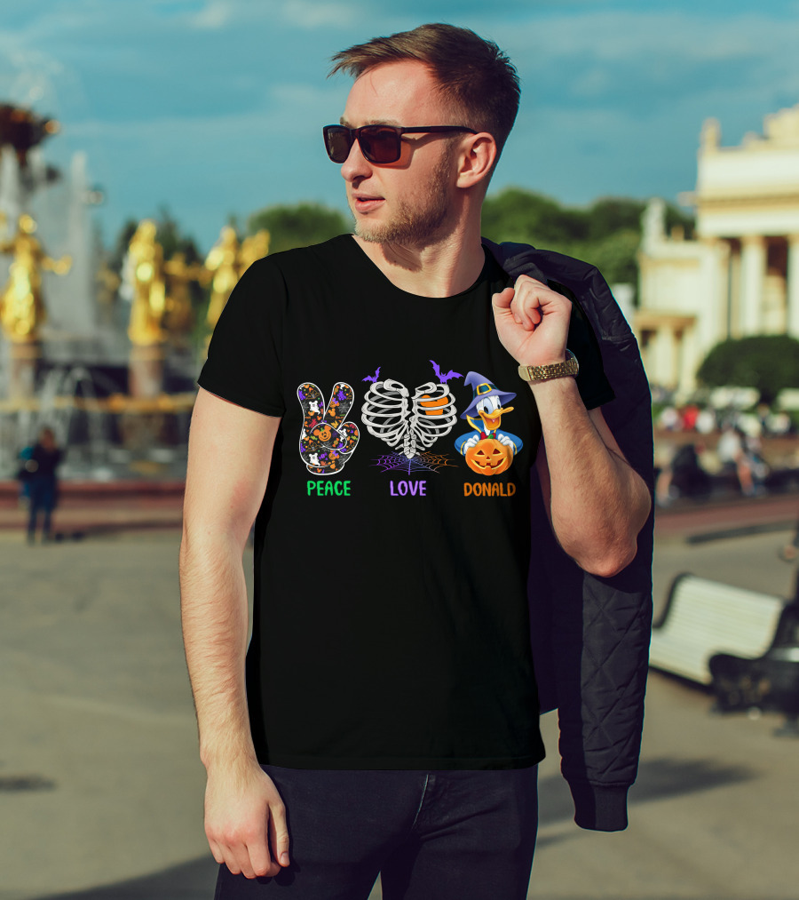 Peace Love Donald Halloween Duck With Pumpkin And Bats T-Shirt