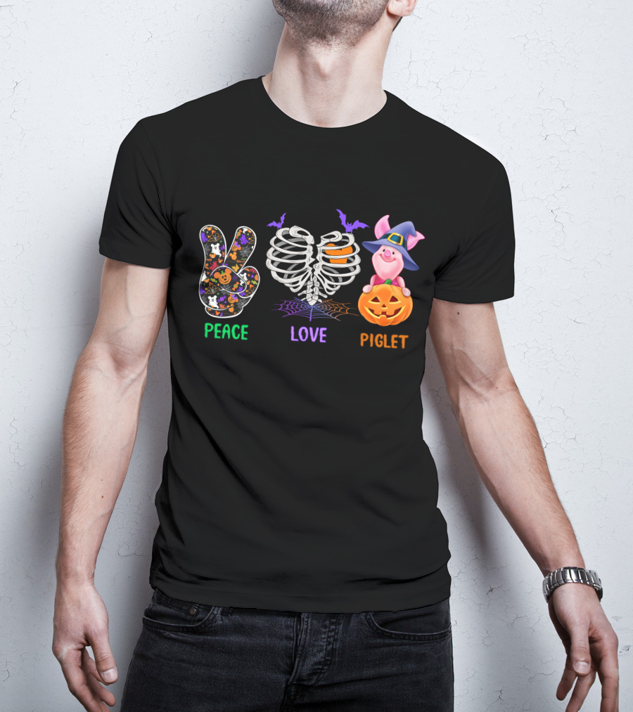 Peace Love Piglet Halloween Theme Pumpkin Skeleton Bats T-Shirt