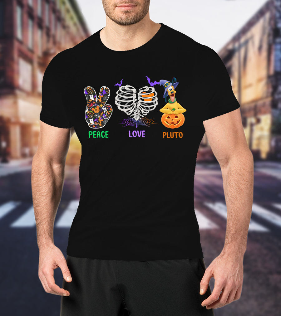 Peace Love Pluto Halloween Pumpkin And Skeleton Rib Cage With Bat Accents T-Shirt