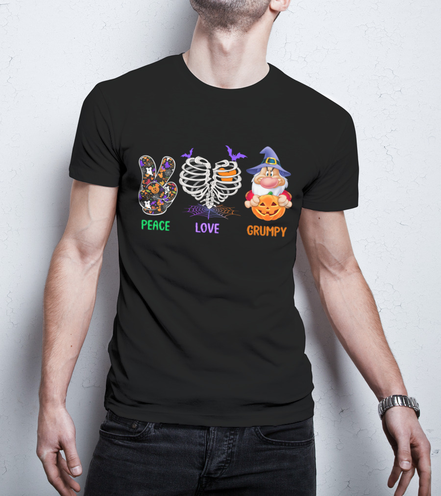 Peace Love Grumpy Halloween Skeleton Gnome With Pumpkin And Bat Hat T-Shirt
