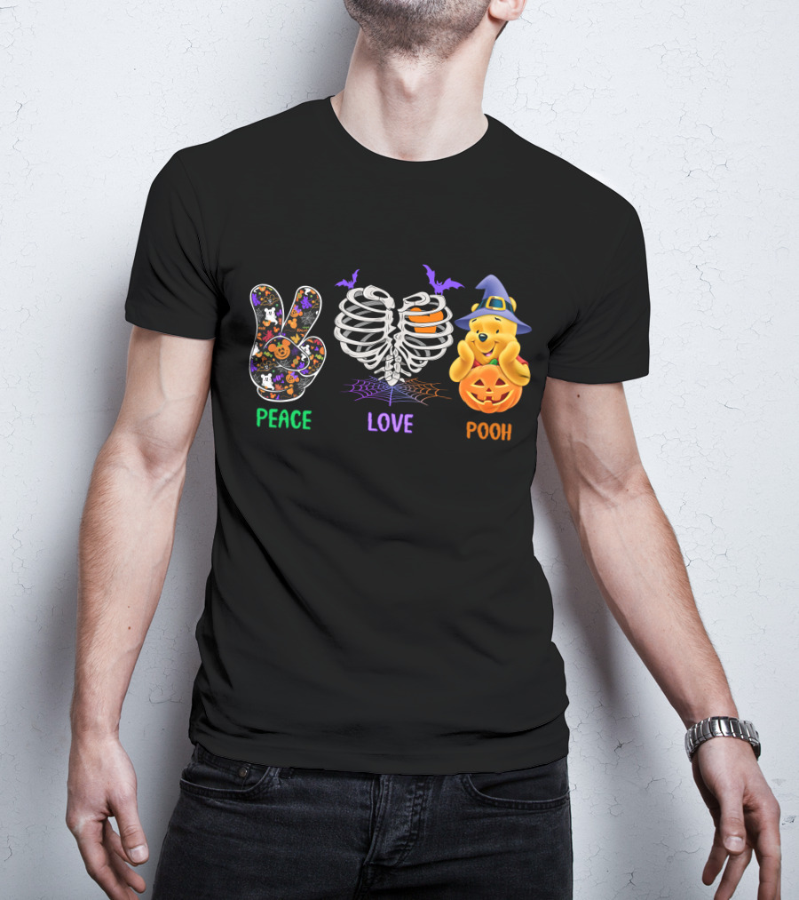Peace Love Pooh Halloween Pumpkin Skeleton Ribs T-Shirt
