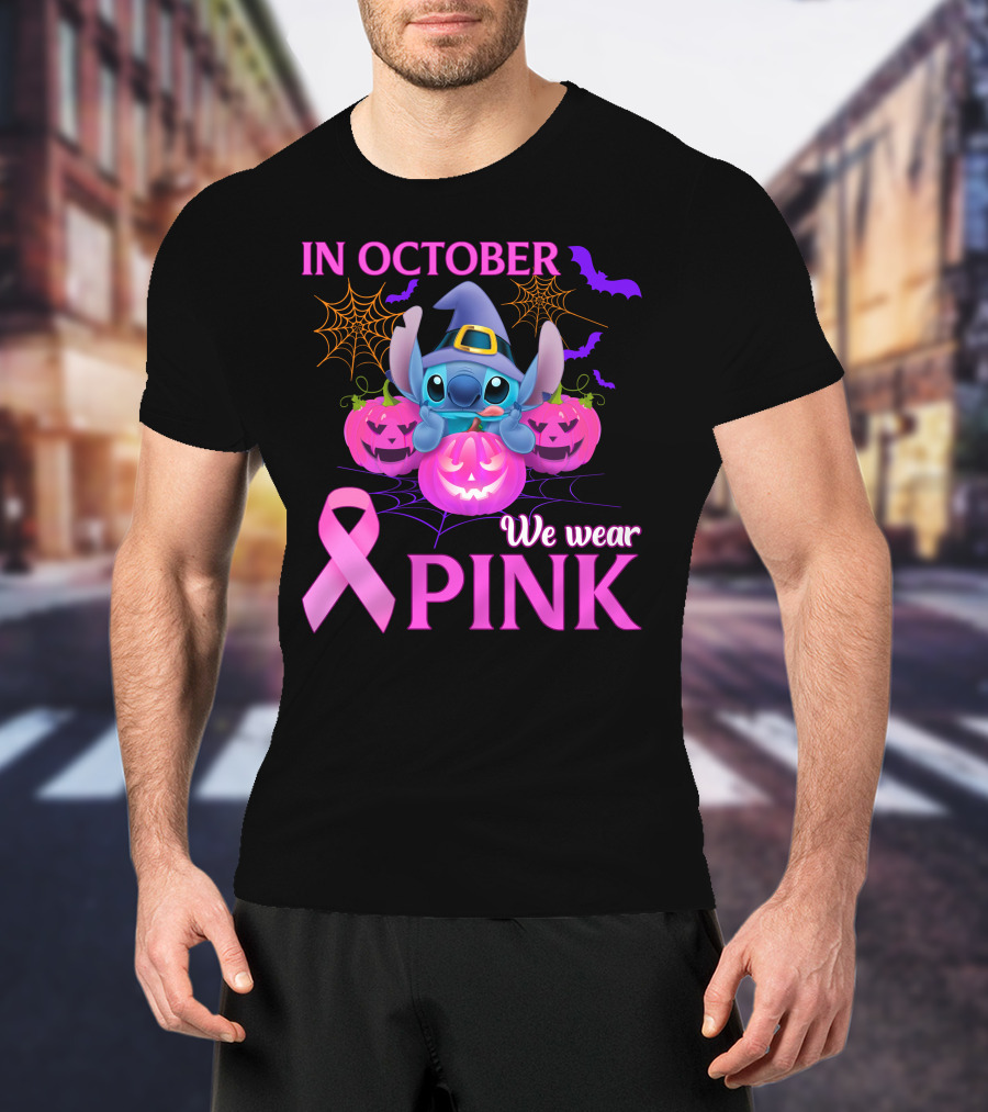 In October We Wear Pink Stitch Halloween Breast Cancer Awareness T-Shirt