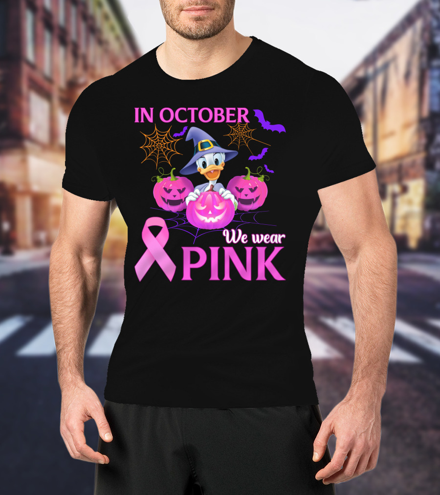 In October We Wear Pink Daisy D Breast Cancer Awareness Halloween Theme T-Shirt