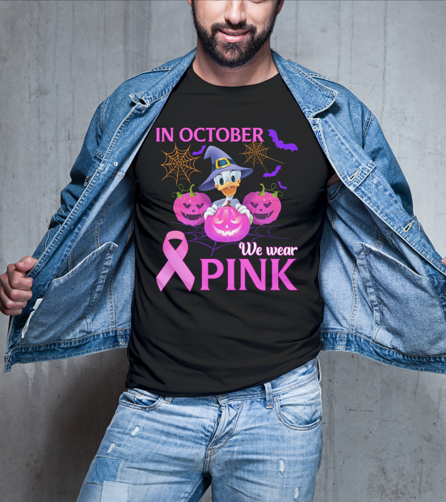 In October We Wear Pink Daisy D Breast Cancer Awareness Halloween Theme T-Shirt