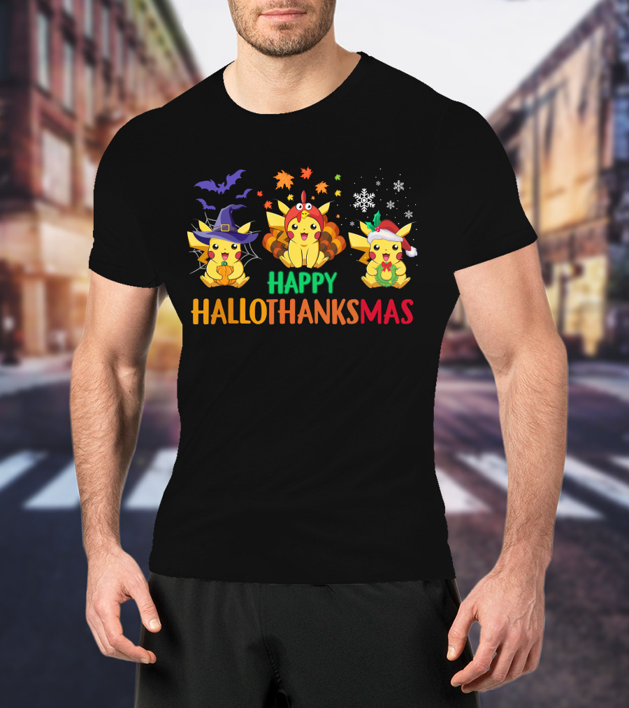 PIKACHU Happy HalloThanksMas Halloween Thanksgiving Christmas T-Shirt