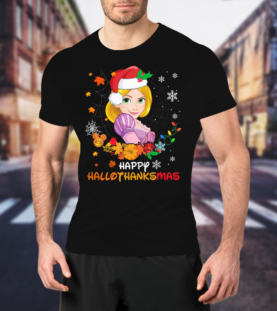 Happy Hallothanksmas Rapunzel Holiday Cheer With Festive Santa Hat And Seasonal Elements T-Shirt