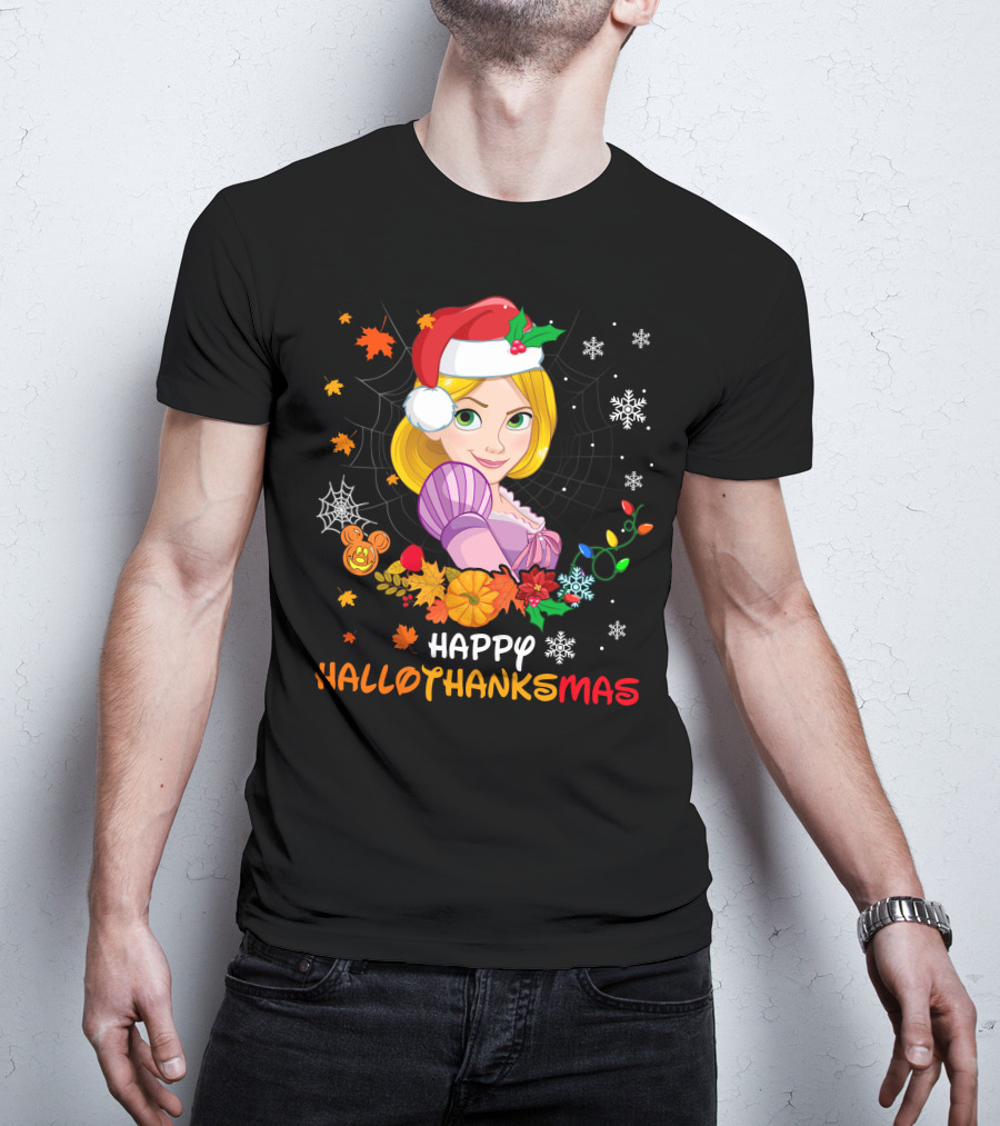 Happy Hallothanksmas Rapunzel Holiday Cheer With Festive Santa Hat And Seasonal Elements T-Shirt