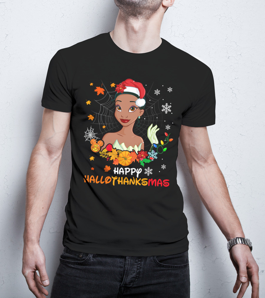 Tiana Happy Hallowthanksmas Snowflakes Spider Web Leaves Flowers T-Shirt