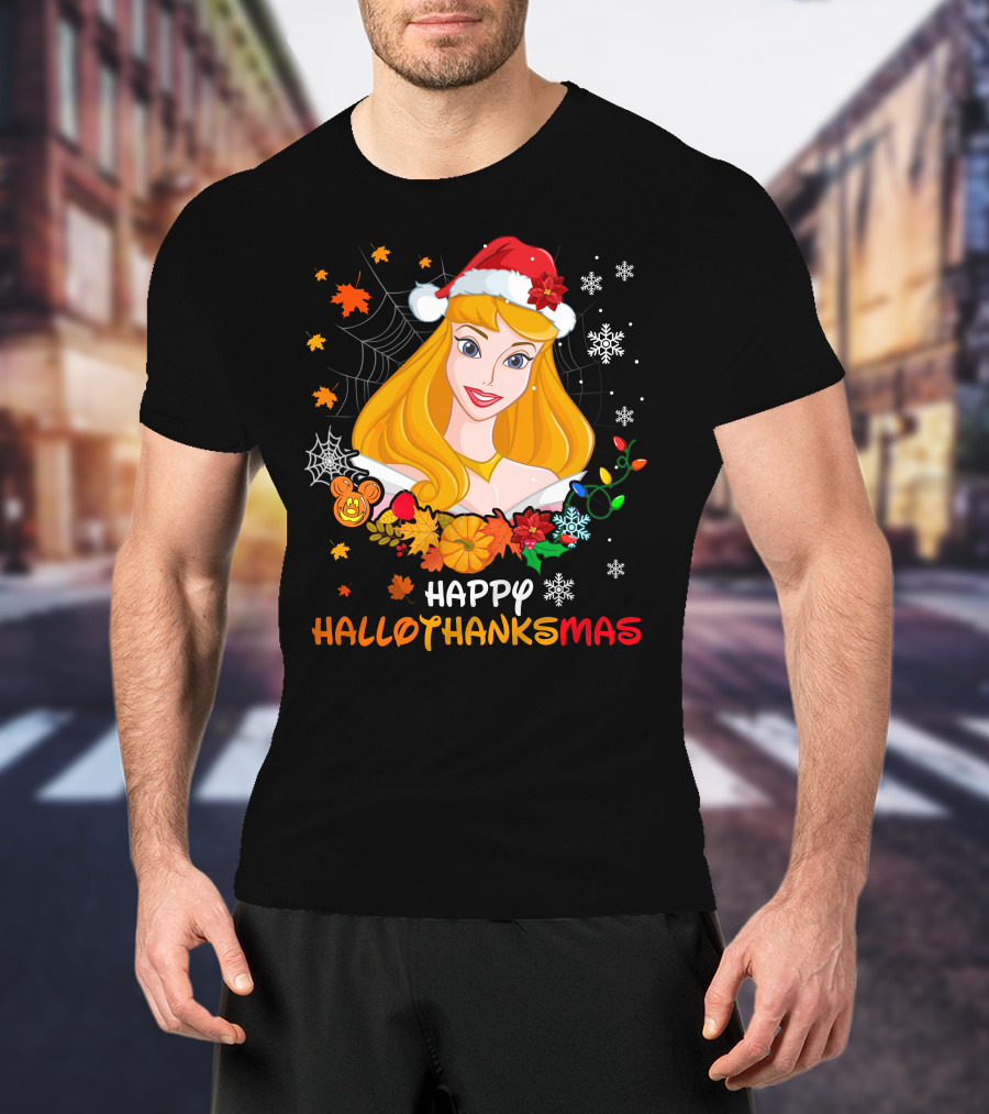 Happy Hallothanksmas Aurora Santa Hat Snowflakes Leaves T-Shirt