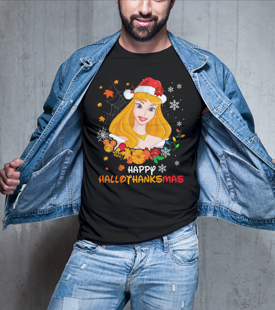 Happy Hallothanksmas Aurora Santa Hat Snowflakes Leaves T-Shirt