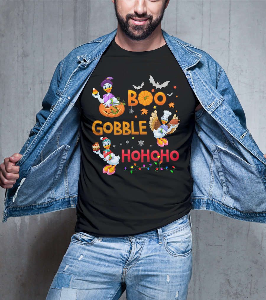Boo Gobble Hohoho Daisy Duck Halloween Thanksgiving Christmas T-Shirt