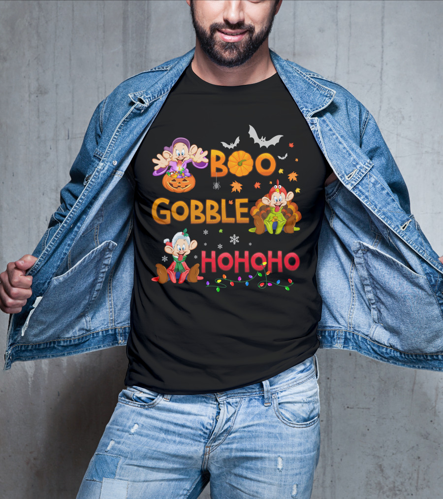 Boo Gobble Hohoho Dopey Halloween Thanksgiving Christmas T-Shirt