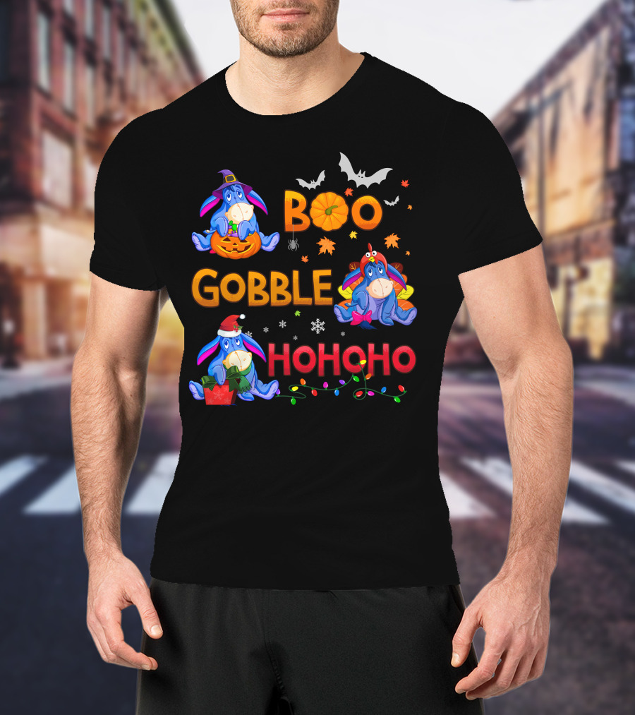 Eeyore Boo Gobble Ho Ho Ho Fall Halloween Thanksgiving Christmas T-Shirt