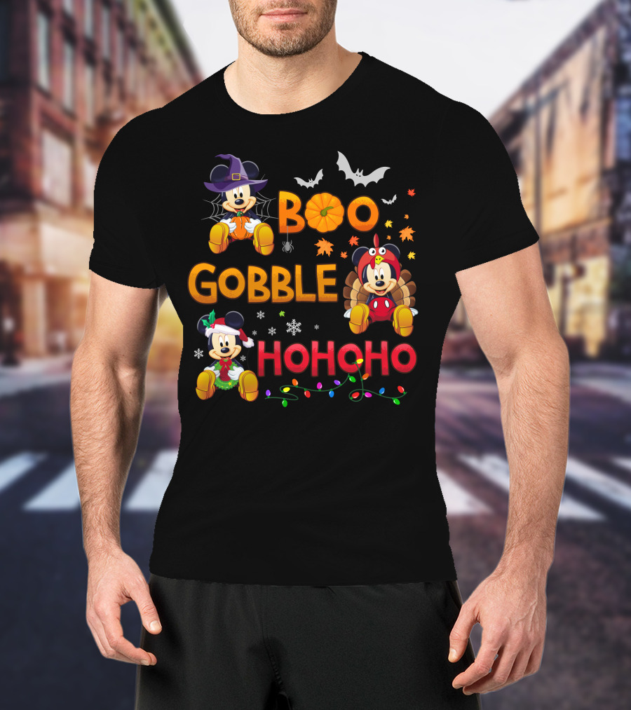 Boo Gobble Hohoho Mickey Mouse Halloween Thanksgiving Christmas T-Shirt