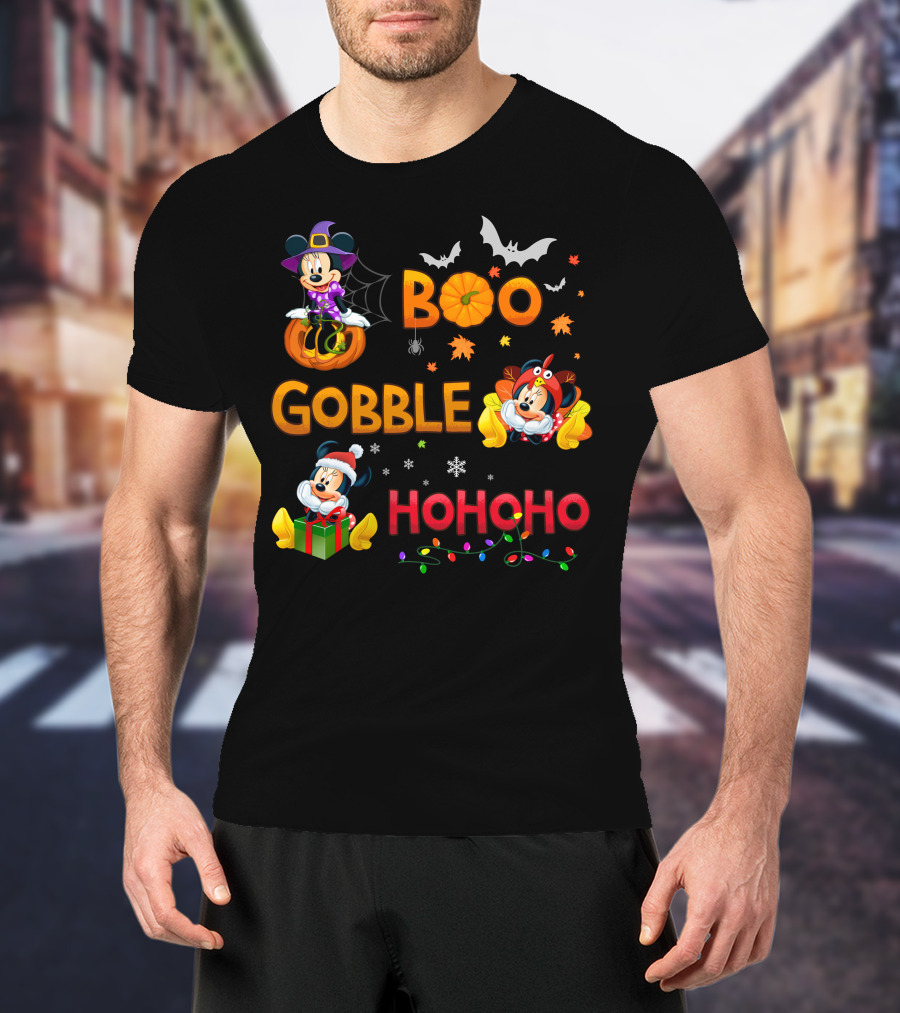 Boo Gobble Ho Ho Ho Minnie Halloween Thanksgiving Christmas T-Shirt