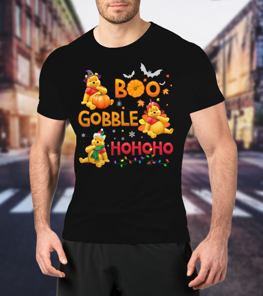 Boo Gobble Hohoho Pumpkin Bat Leaves Pooh T-Shirt