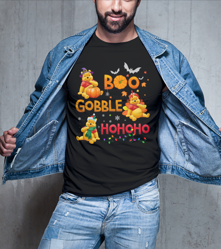 Boo Gobble Hohoho Pumpkin Bat Leaves Pooh T-Shirt