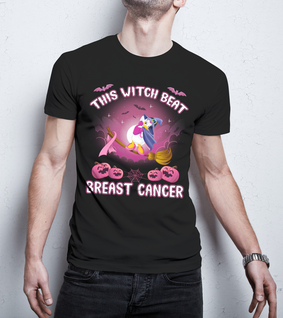 This Witch Beat Breast Cancer Daisy D Broom Pink Ribbon Pumpkins Bat Night Sky T-Shirt