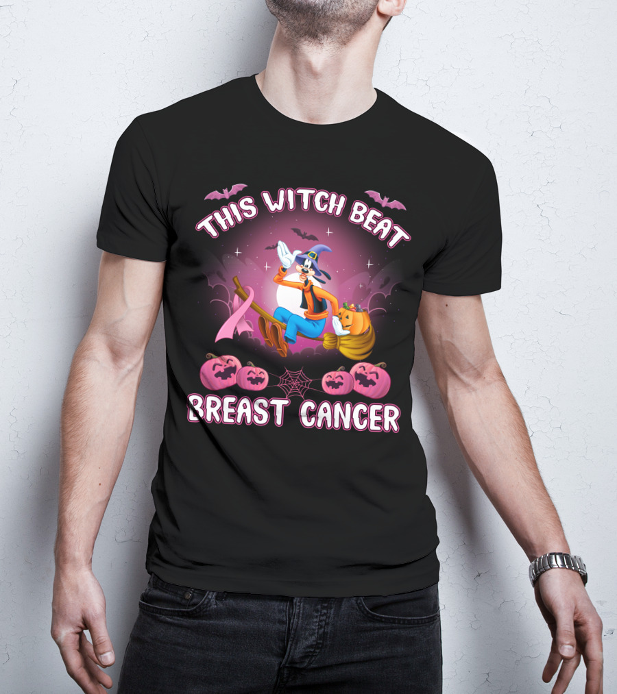 This Witch Beat Breast Cancer Goofy D Halloween Pumpkins Broom Ribbon T-Shirt