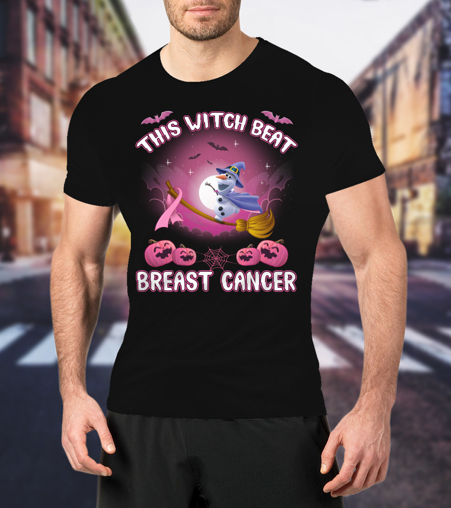 This Witch Beat Breast Cancer Olaf Broomstick Pink Ribbon Halloween Pumpkin Bat Moon T-Shirt