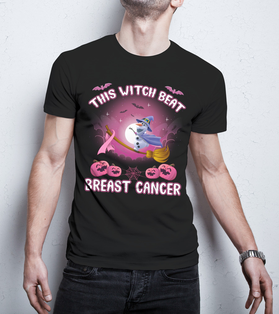 This Witch Beat Breast Cancer Olaf Broomstick Pink Ribbon Halloween Pumpkin Bat Moon T-Shirt