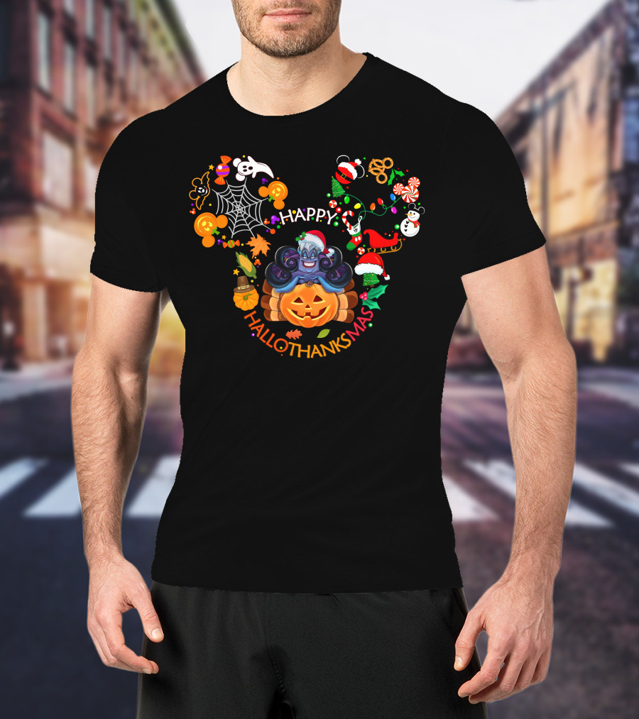 Happy Hallothanksmas Ursula Disney Pumpkin Halloween Thanksgiving Christmas Mickey Mouse T-Shirt