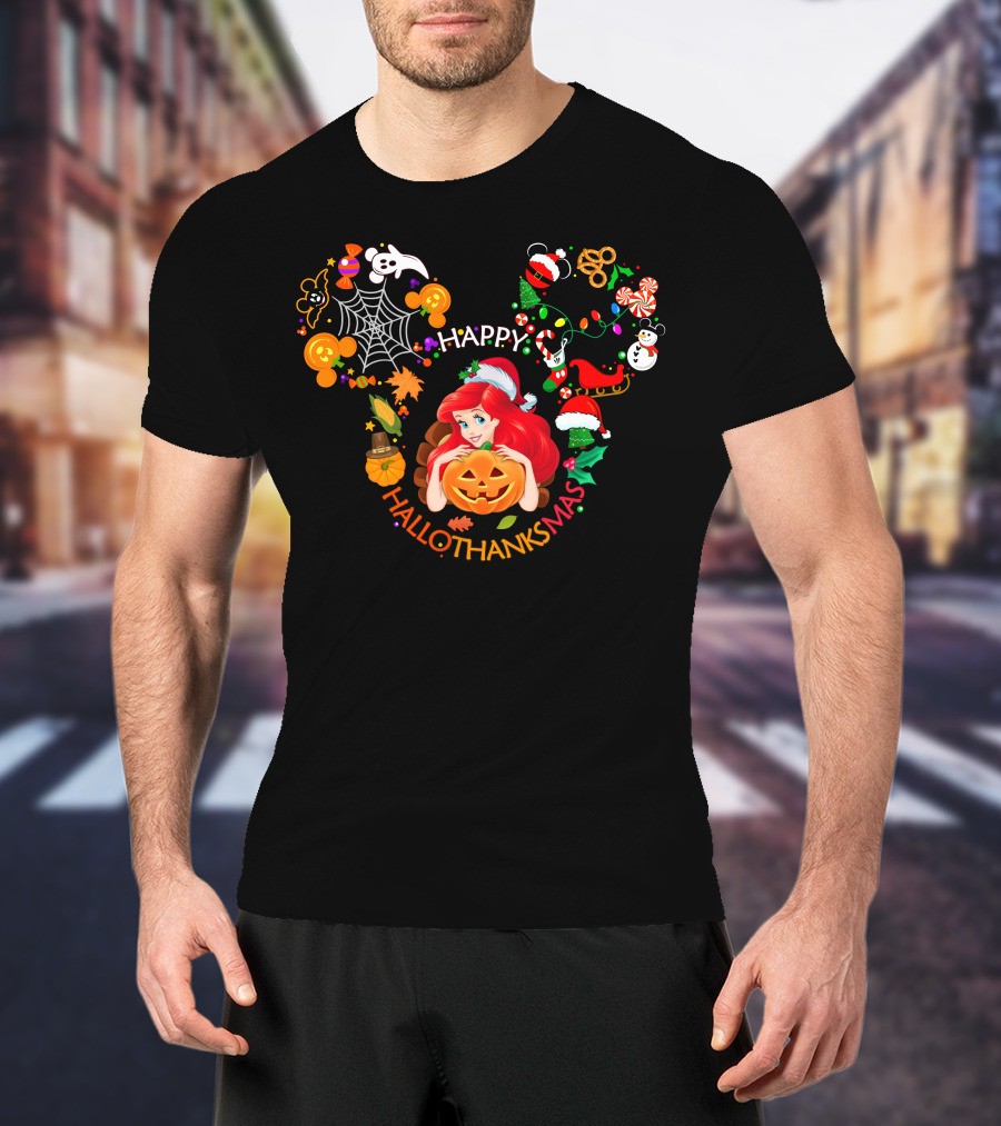 Happy Hallothanksmas Ariel Pumpkin Christmas Halloween Elements T-Shirt