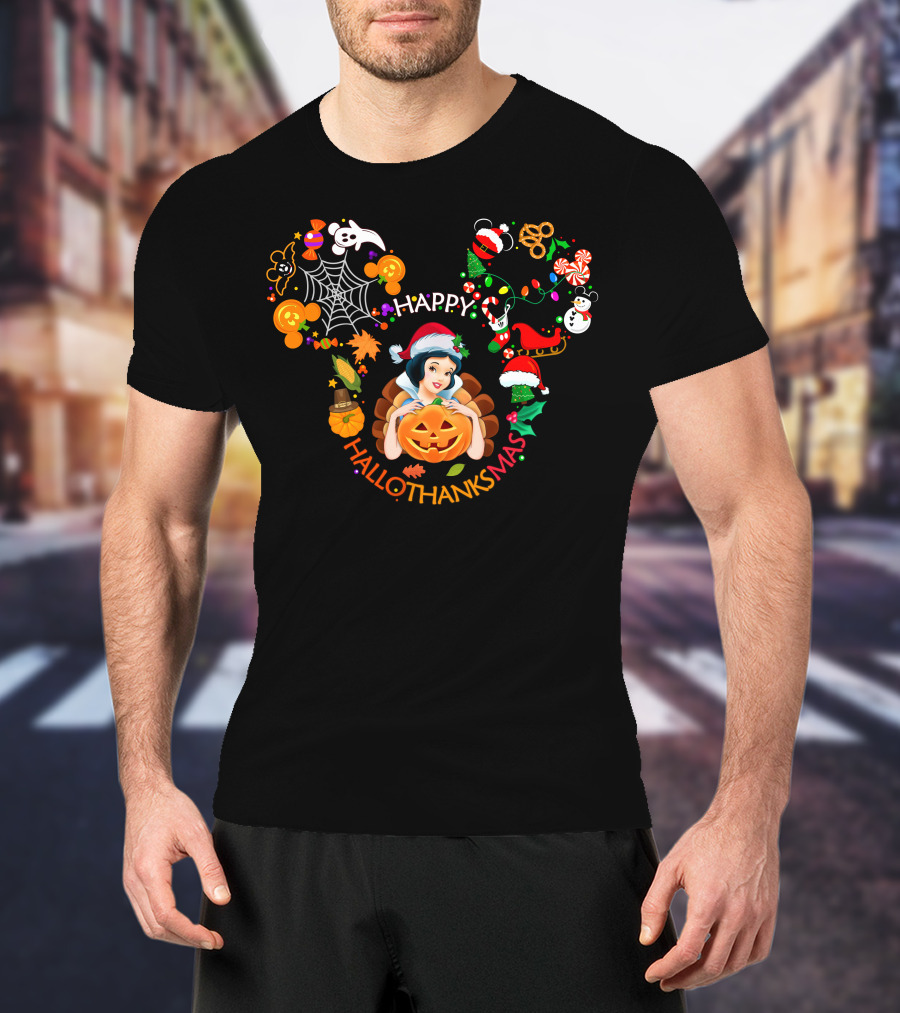 Happy Hallothanksmas Snow White Pumpkin Candy Cane Holly Snowman T-Shirt