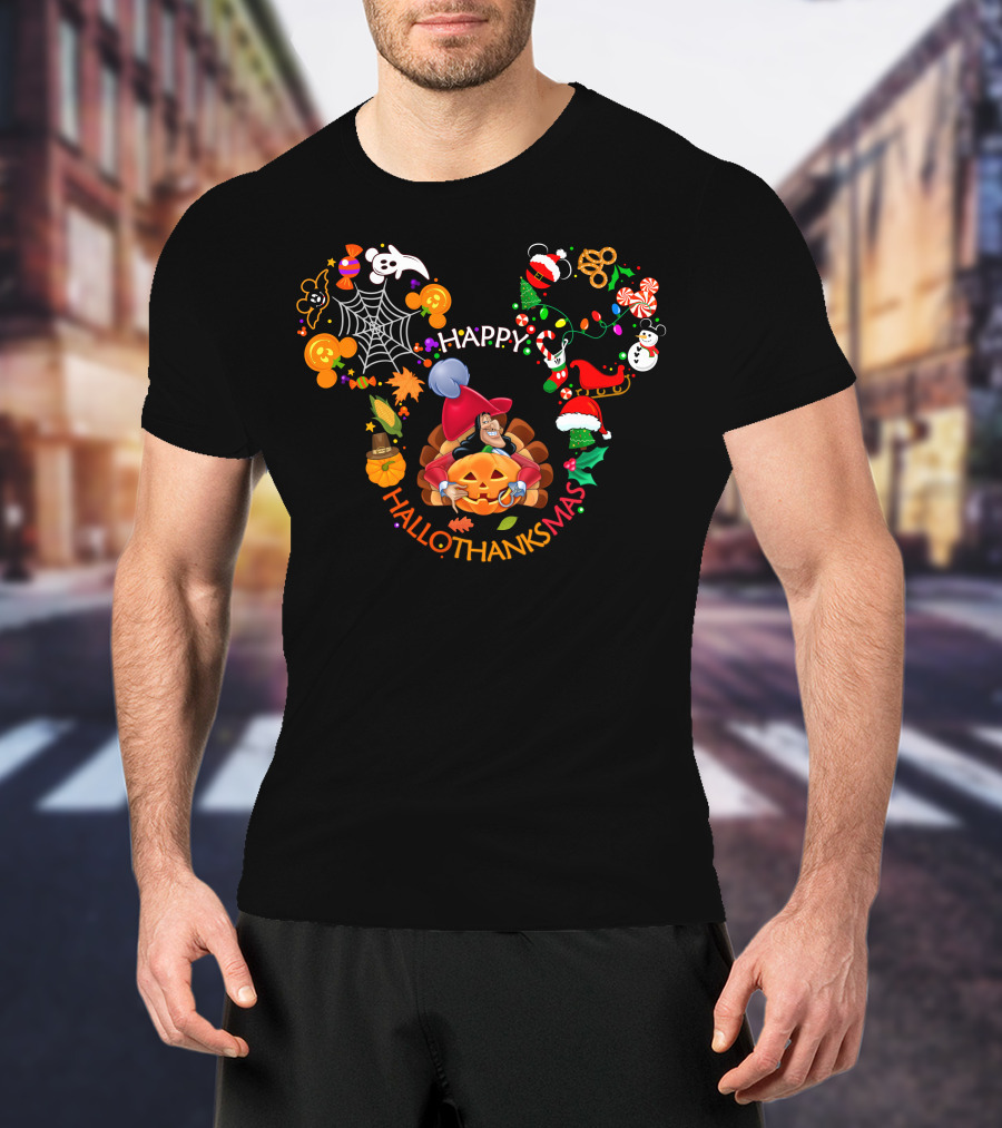 Happy Hallothanksmas Captain Hook Mickey Ears Halloween Thanksgiving Christmas Celebration T-Shirt