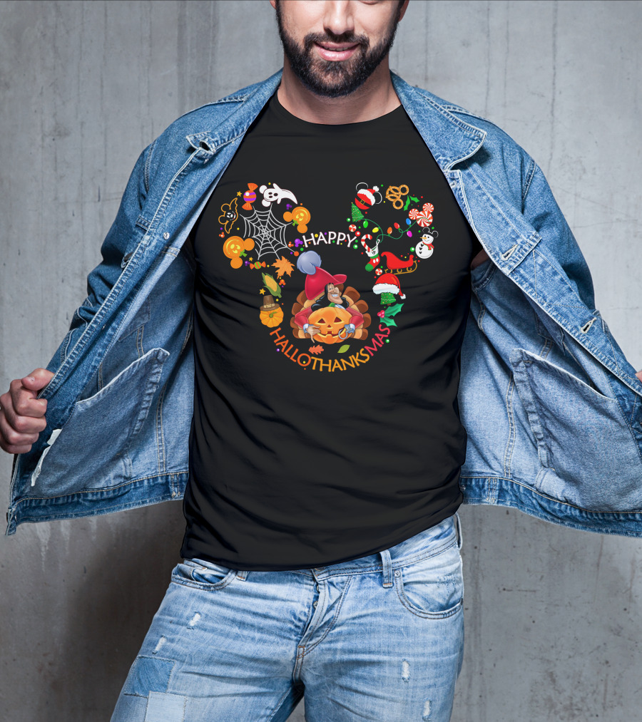 Happy Hallothanksmas Captain Hook Mickey Ears Halloween Thanksgiving Christmas Celebration T-Shirt