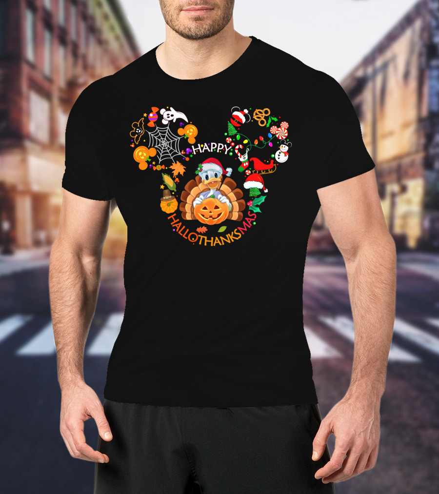 Happy Hallothanksmas Daisy D Disney Turkey Pumpkin Santa Hat T-Shirt