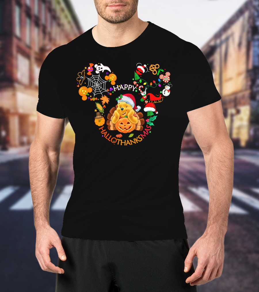 Happy Hallothanksmas Pooh Holiday Celebration T-Shirt