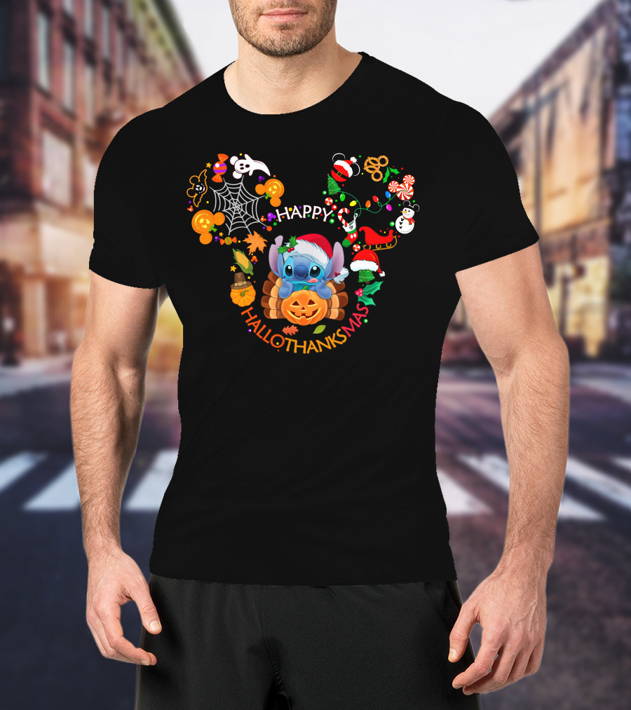 Happy Hallothanksmas Stitch Pumpkin Santa Hat Holiday Character Celebration T-Shirt