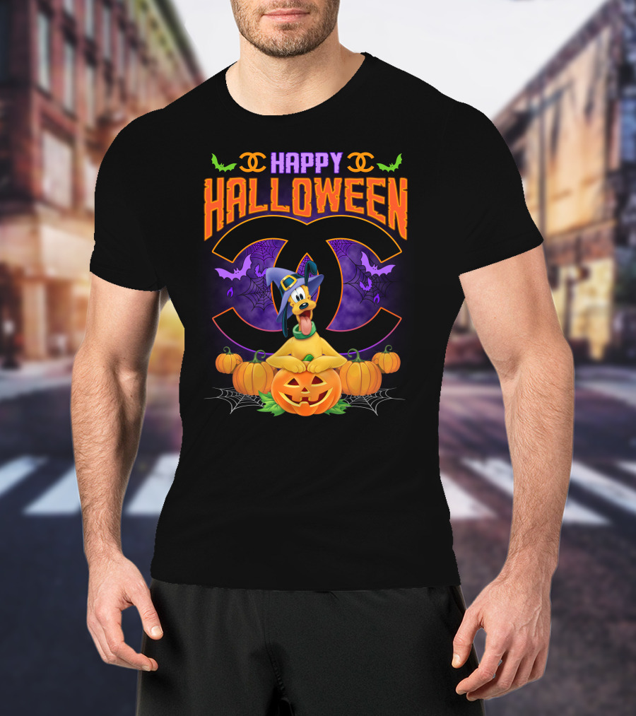 Happy Halloween Pluto Pumpkins Bat Symbols And Spider Webs T-Shirt