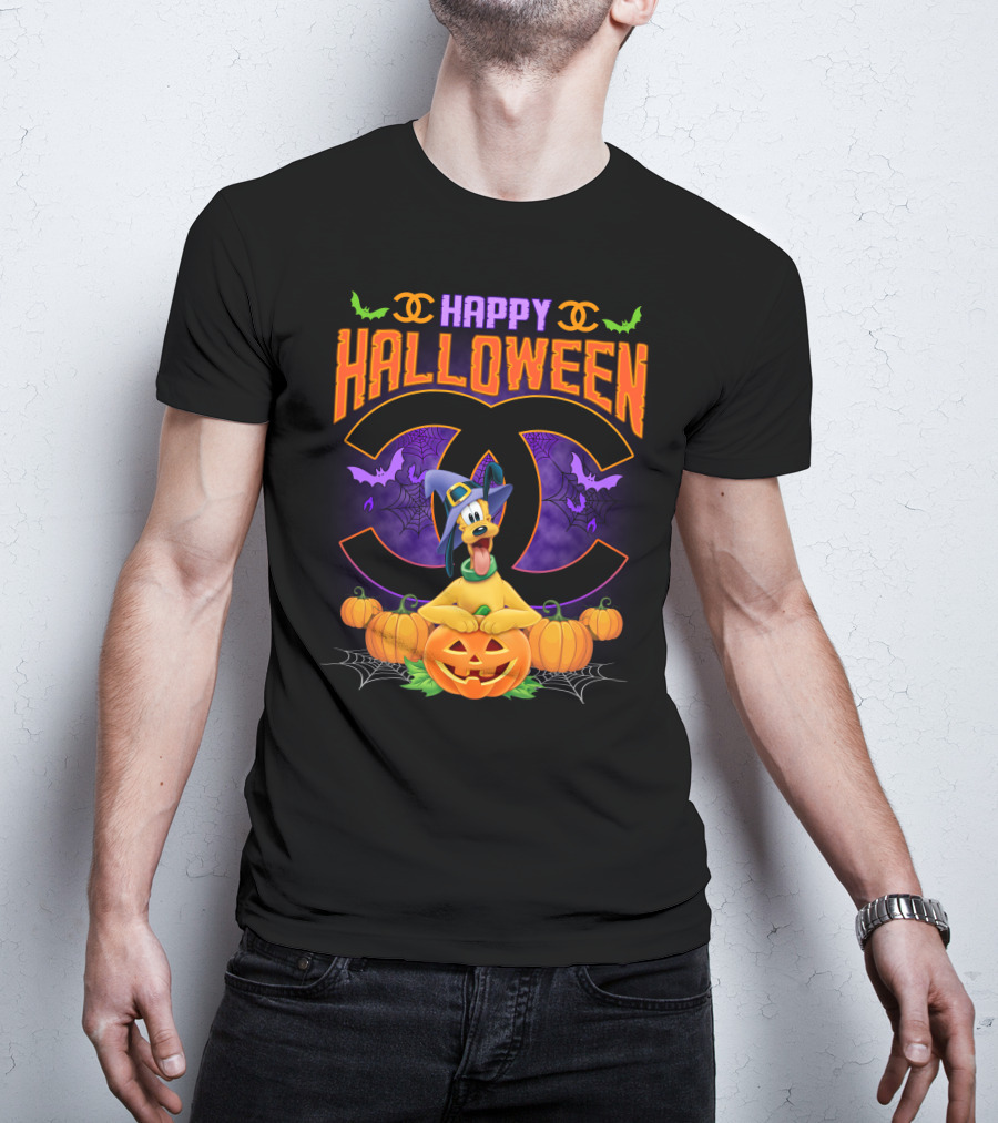 Happy Halloween Pluto Pumpkins Bat Symbols And Spider Webs T-Shirt