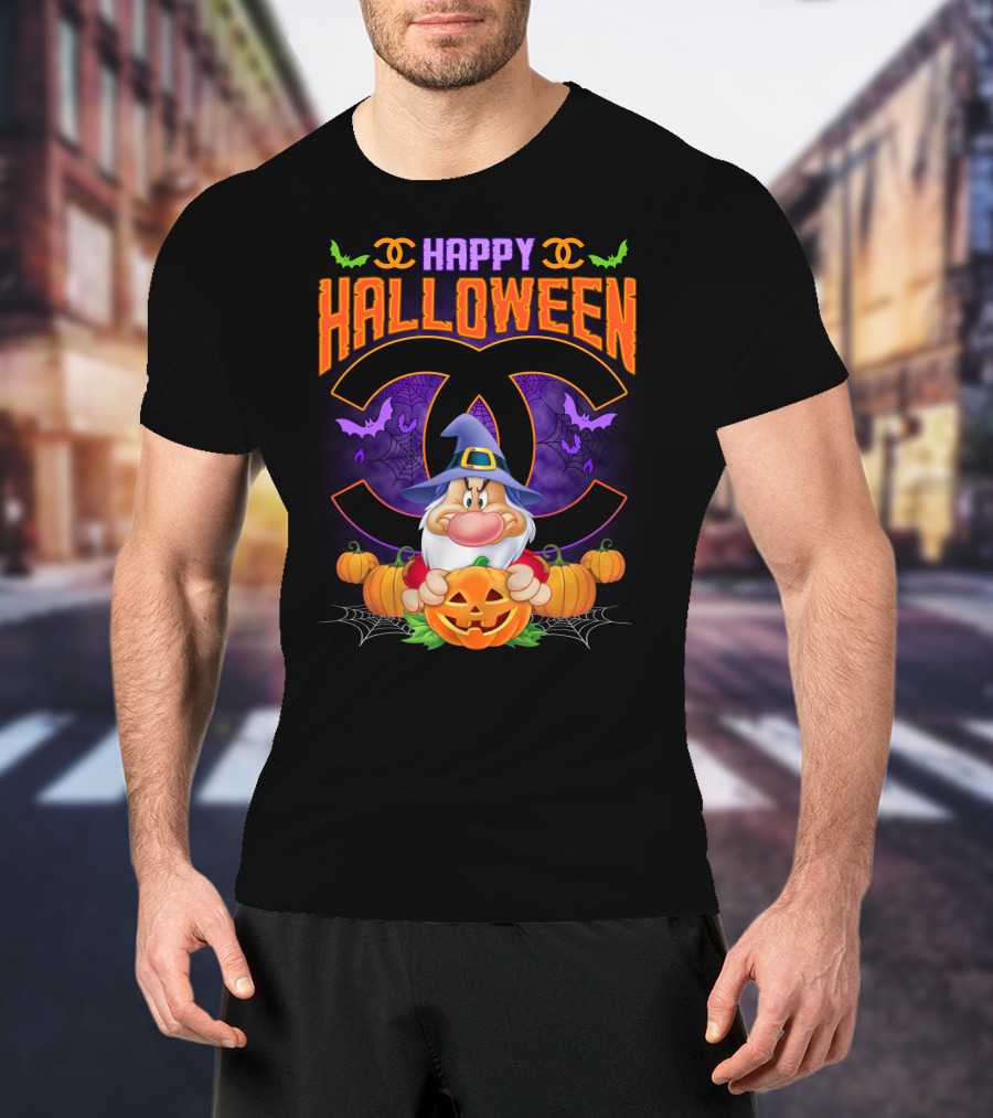 Happy Halloween Grumpy Dwarf With Pumpkins And Bat Accents On Chanel Logo Backdrop T-Shirt