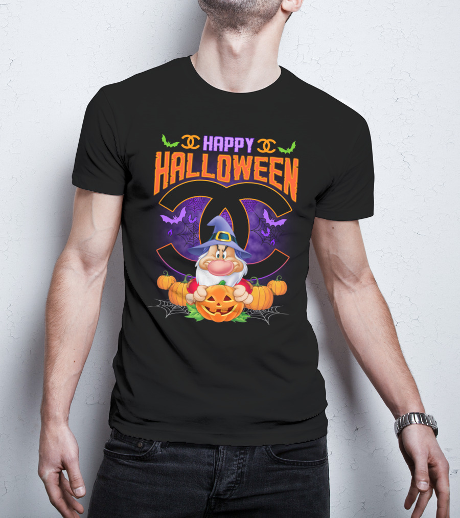 Happy Halloween Grumpy Dwarf With Pumpkins And Bat Accents On Chanel Logo Backdrop T-Shirt