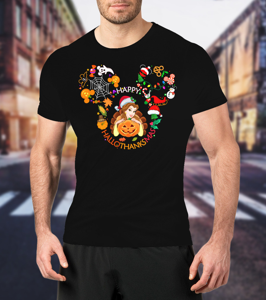 Happy Hallothanksmas Belle Pumpkin Mickey Ears Holiday Spirits T-Shirt
