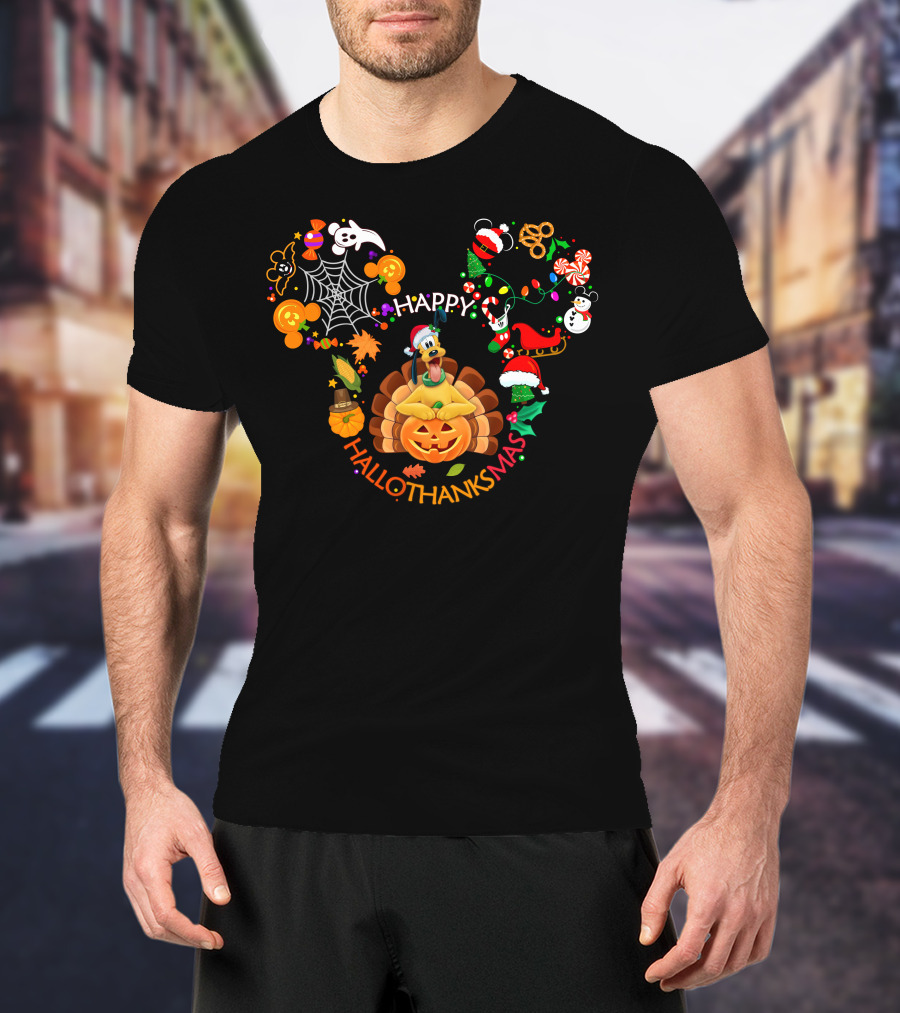 Mickey Mouse Ears Halloween Thanksgiving Christmas Pluto Happy Hallothanksmas T-Shirt