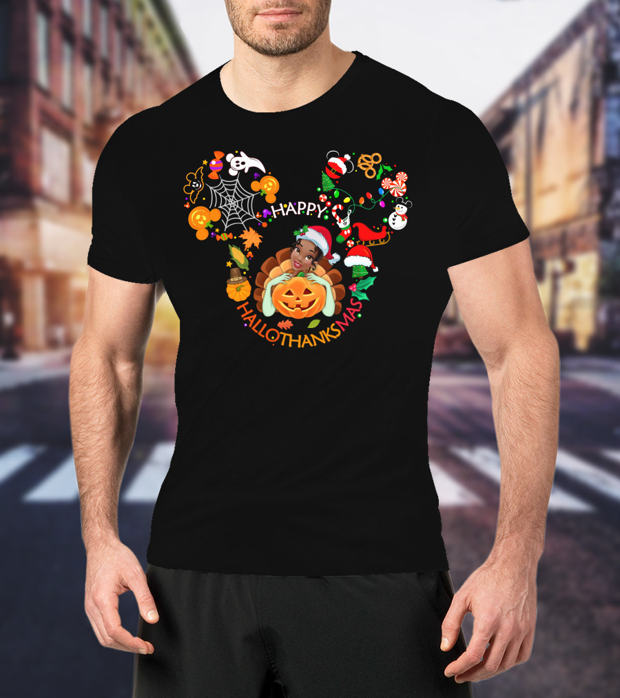 Tiana Happy Hallothanksmas Pumpkin Christmas Halloween Thanksgiving T-Shirt